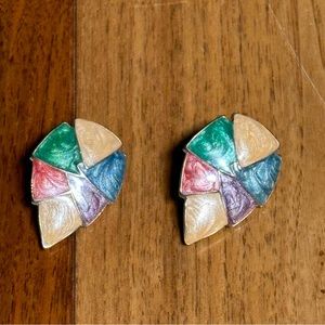 Vintage Enamel Leaf Earrings Pink Purple Green and Cream